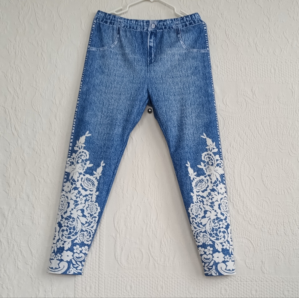 Faux Crochet Jeggings Denim Look Legging Floral Stretchy Casual Plus Bohemian 1X - Picture 11 of 11